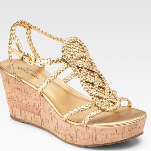 kate spade Shoes - Kate Spade Gold Braided Rope Cork Wedges Size 7 1/